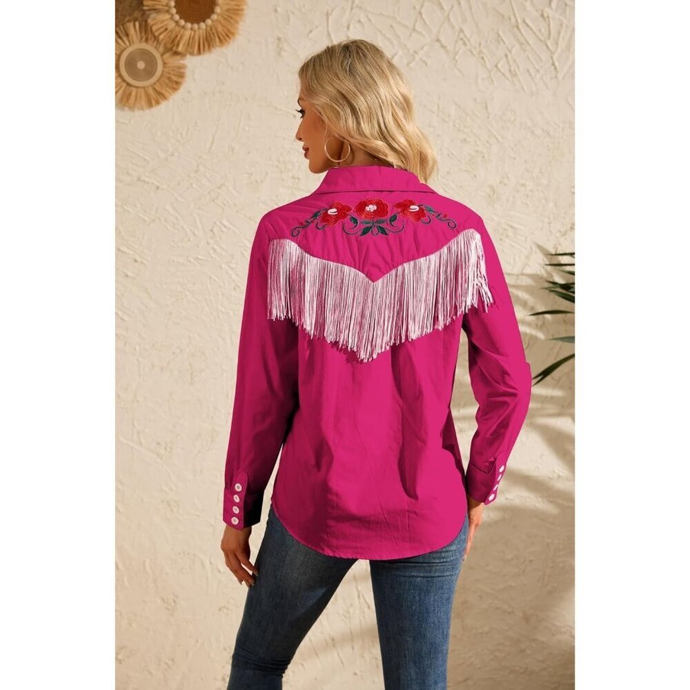 Women's Rose Red Fringe Long Sleeve Floral Embroidered Collared Rodeo Shirts - Picture 5 of 6